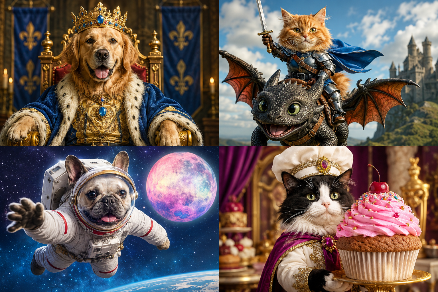 Funny custom pet fantasy portrait ideas including a royal golden retriever, knight cat riding a dragon, astronaut French bulldog, and royal cat chef