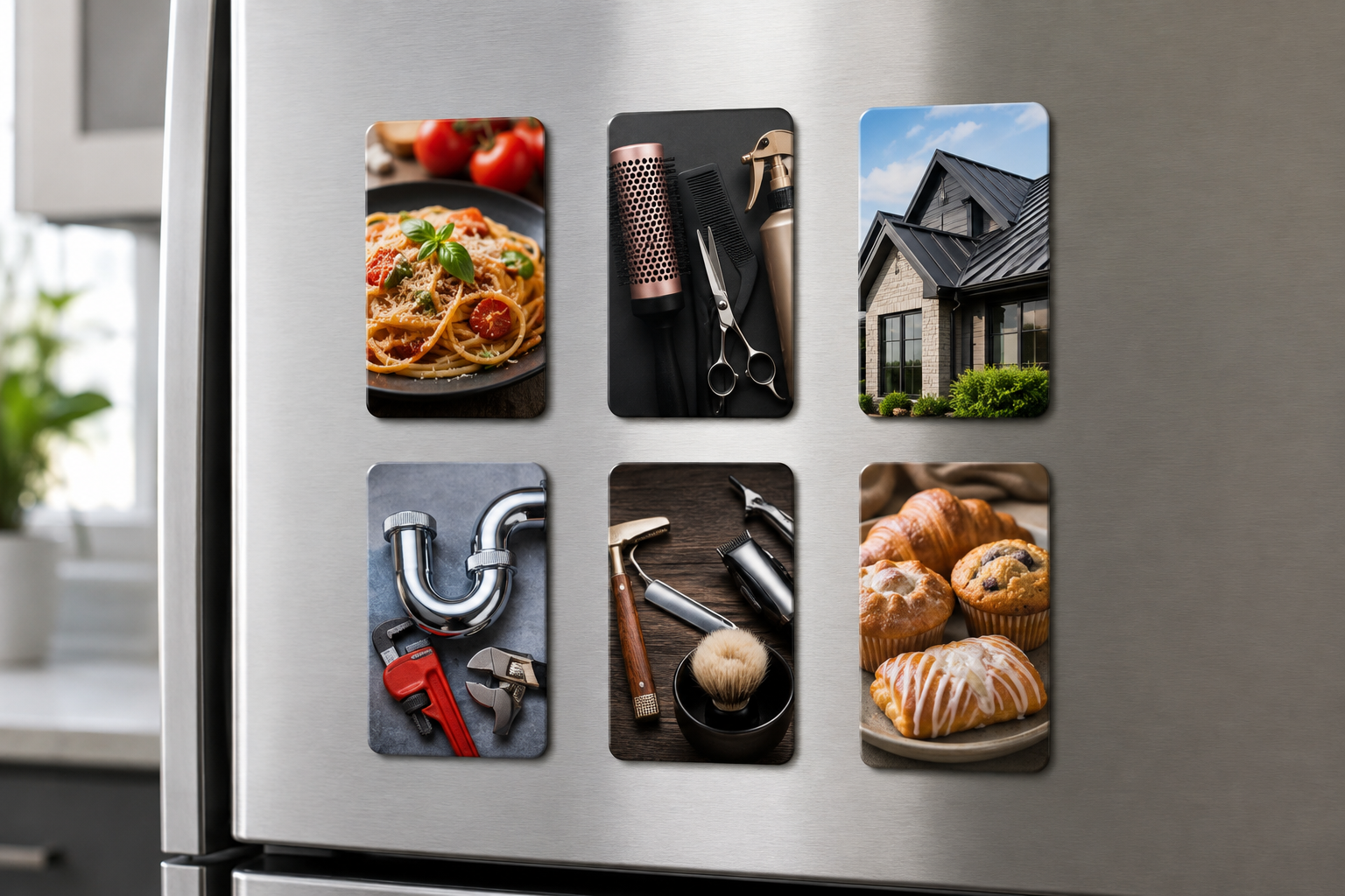 Business imagery on 2.3-inch by 3.5-inch promotional magnets