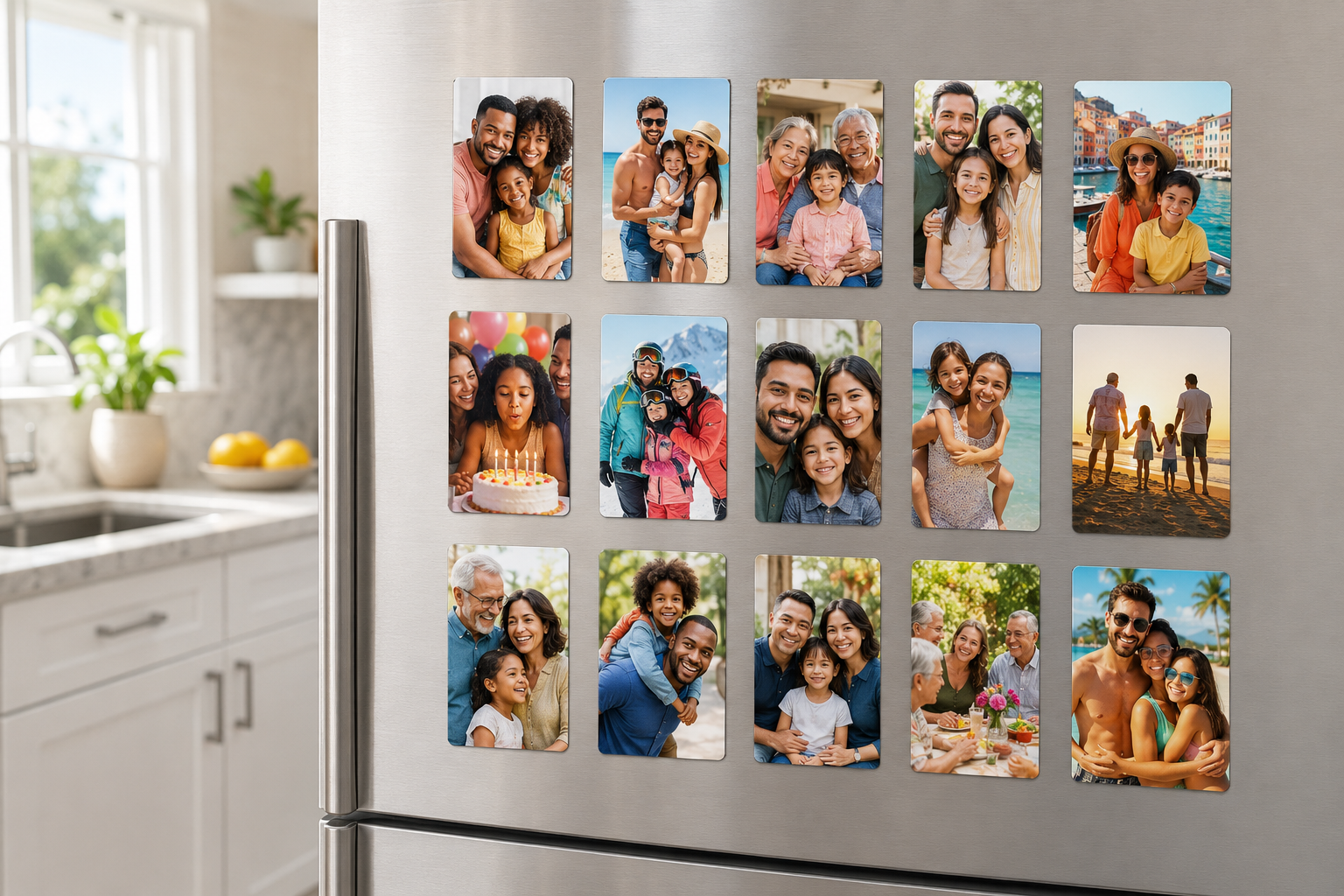 Family photos printed as 2.3-inch by 3.5-inch portrait refrigerator magnets