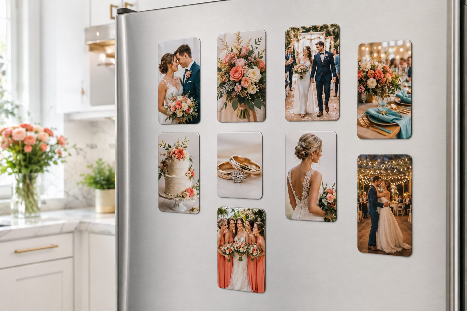 Wedding photos on 2.3-inch by 3.5-inch keepsake magnets